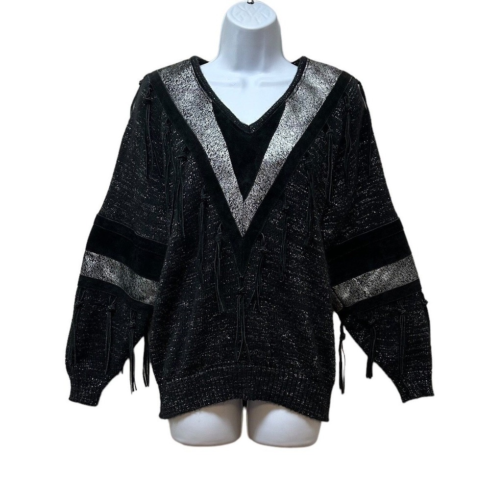 Vtg Pioneer Wear Sweater Knit Fringe Suede Leather Silver Metallic Rodeo Cowgirl